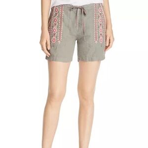 Johnny Was Sabriya Embroidered Linen Shorts in Olive Green and Pink - XL